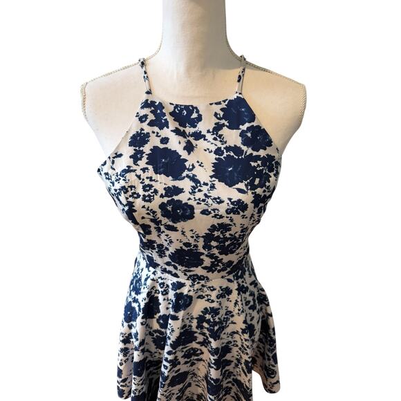LuLus Blue Floral Print Halter Style Skater Dress - Picture 2 of 7